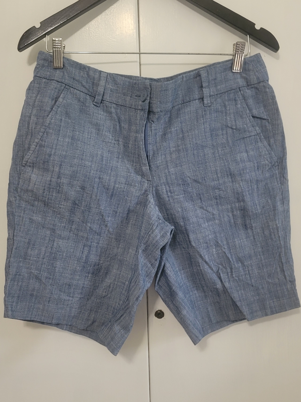 LOFT Burmuda Shorts  Blue Textured Linen-Blend Shorts